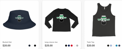 Screenshot from TV's Travis' Merch Stores showing of a Bucket Hat, Long Sleeve Tee and Tank Top with TV's Travis' Logo on them