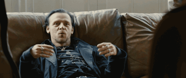 Animated GIF of Gary King (played by Simon Pegg) from The World's End saying "Willkommen, Bienvenue, Welcome"